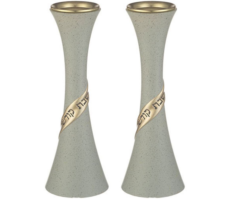 Elegant Gray Polyresin Candlesticks - Shabbat Kodesh Design