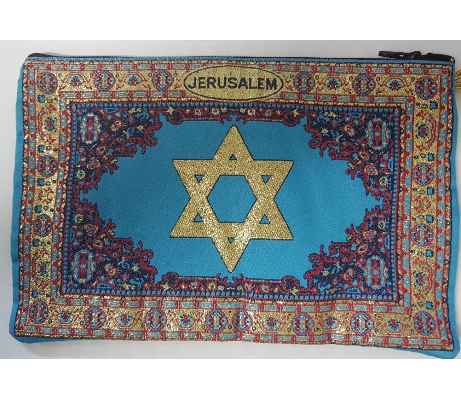 Embroidered Fabric Large Purse or Wallet, Star of David - Blue