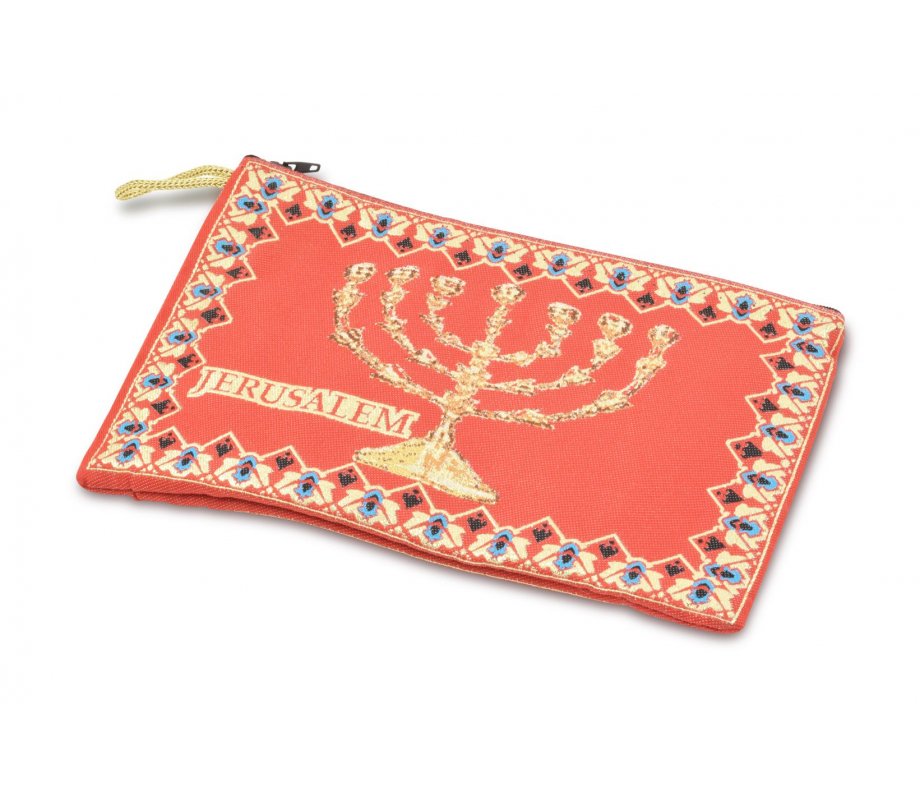Embroidered Large Fabric Purse, Seven Branch Menorah – Red