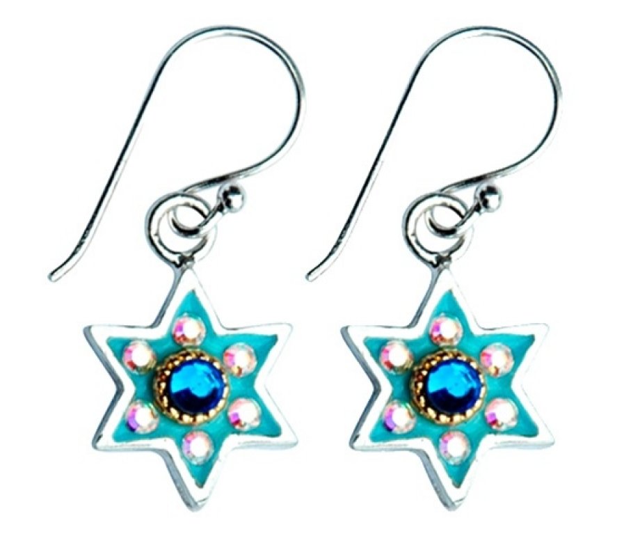 Ester Shahaf - Sterling Silver Stone Studded Turquoise Star of David Earrings
