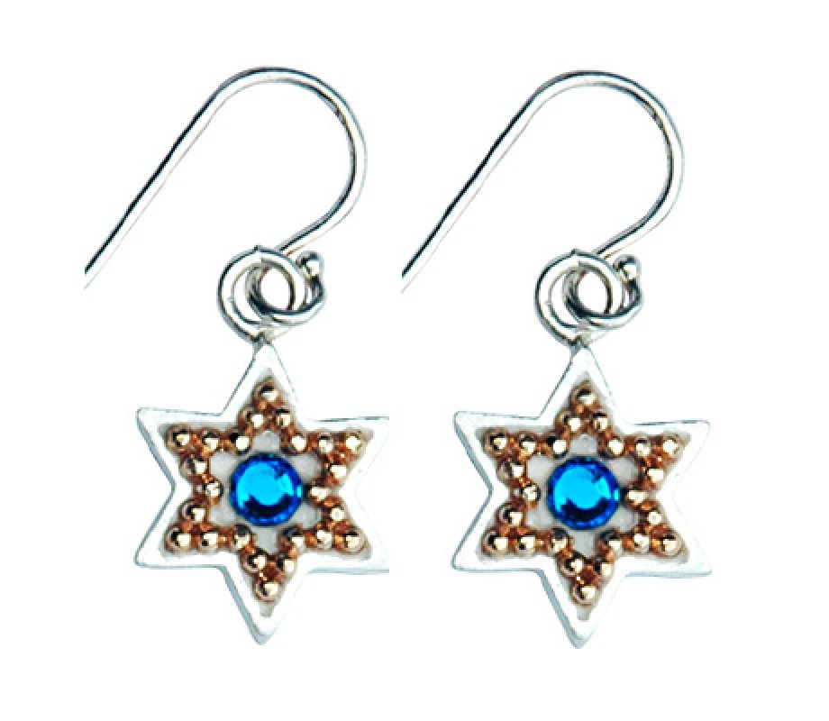 Ester Shahaf Sterling Silver Golden Bead Star of David Earrings - Blue