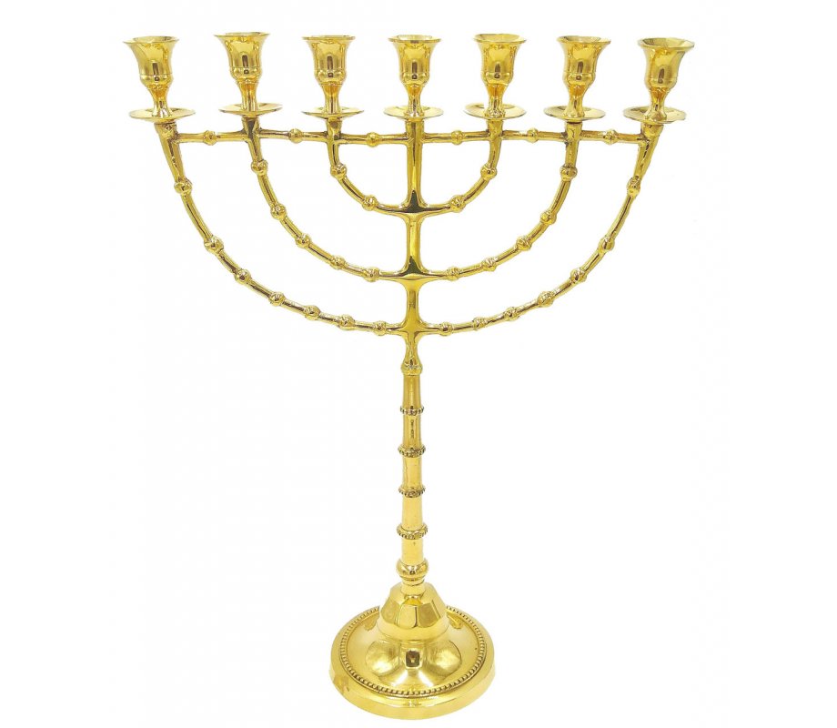 Extra Large Seven Branch Menorah, Beaded Decorations on Gold Brass – 22 Inches