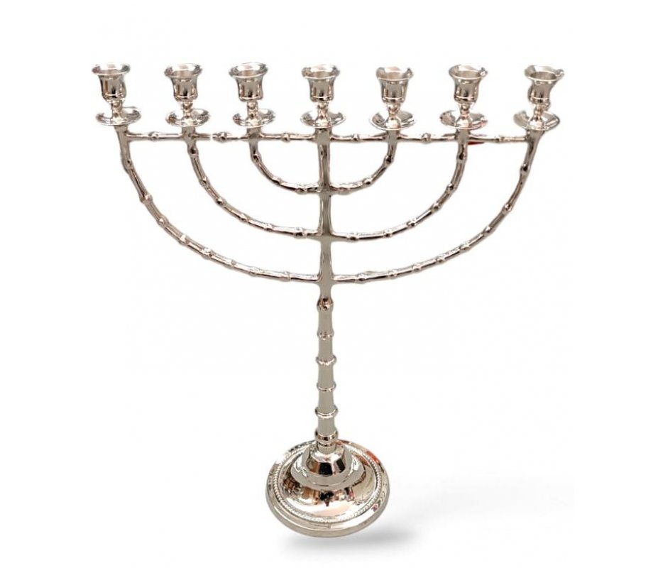 Extra Large Seven Branch Menorah, Beaded Decorations on Silver Nickel – 22