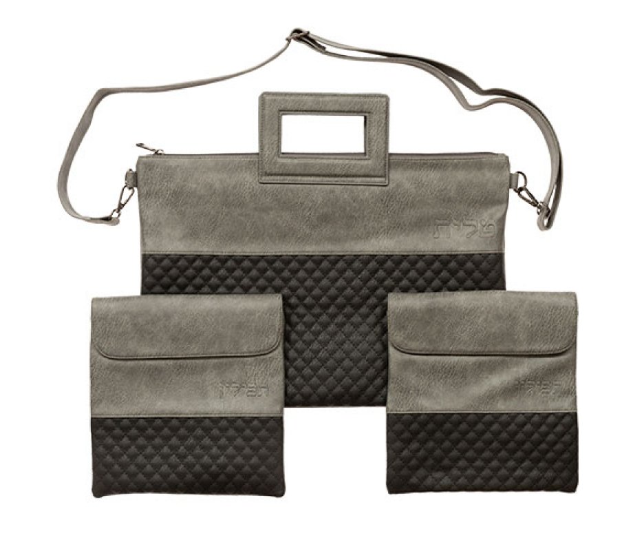 Faux Leather Bags for Tallit and 2 Tefillin, with Shoulder Strap – Gray & Black