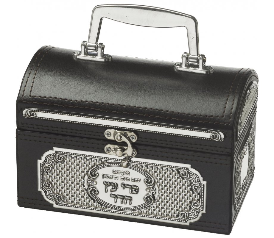 Faux Leather Chest Etrog Box with Hebrew Text on Decorative Metal Plaque - Brown