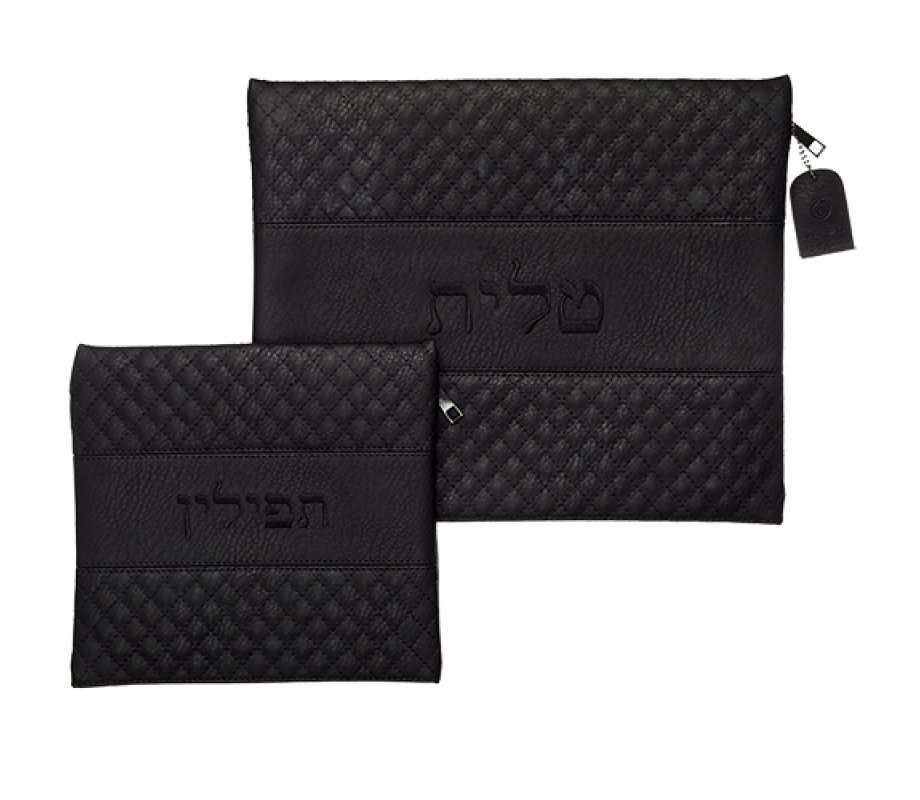 Faux Leather Tallit and Tefillin Bag Set - Black with Diamond Design