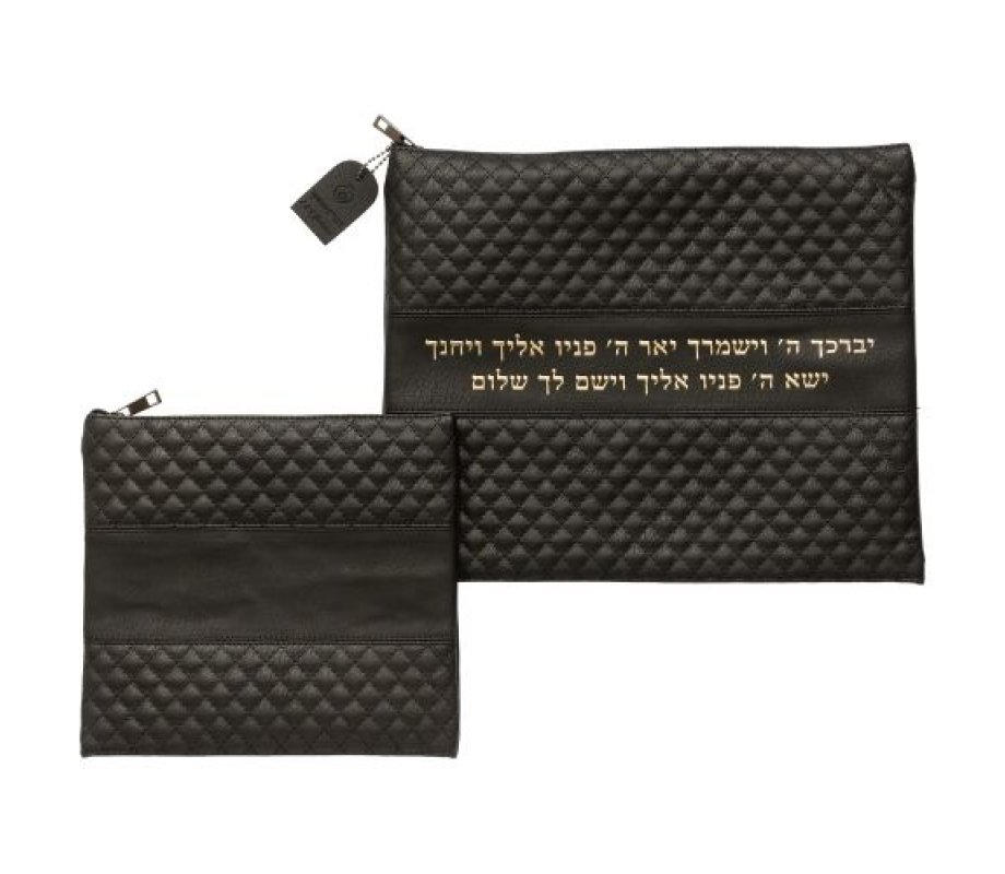 Faux Leather Tallit and Tefillin Bag Set - Black with Kohen's Blessing in Gold
