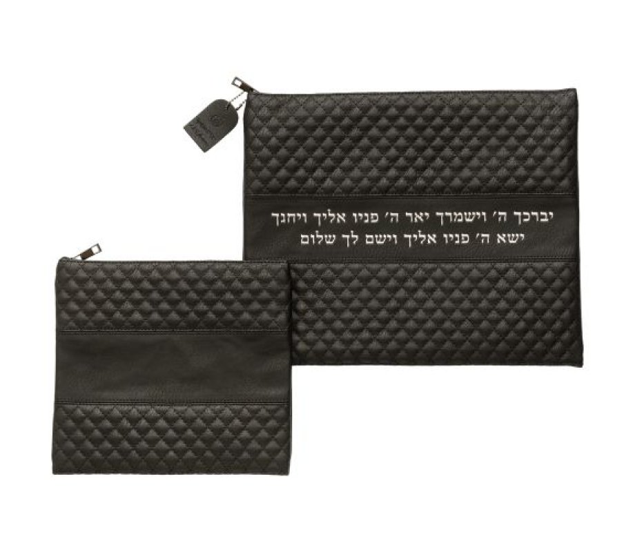 Faux Leather Tallit and Tefillin Bag Set - Black with Kohen's Blessing in Silver