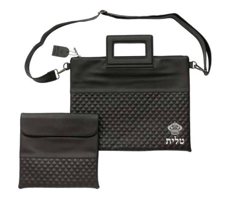 Faux Leather Tallit and Tefillin Bag Set, Shoulder Strap and Crown Motif - Black