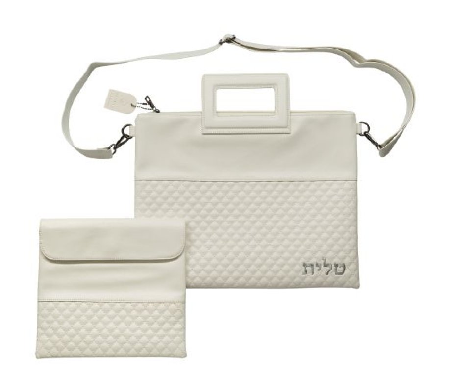 Faux Leather Tallit and Tefillin Bag Set with Shoulder Strap and Handle – White