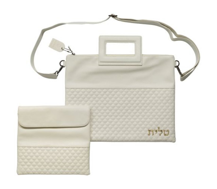 Faux Leather Tallit and Tefillin Bag Set with Shoulder Strap and Handle – White with Gold Letters
