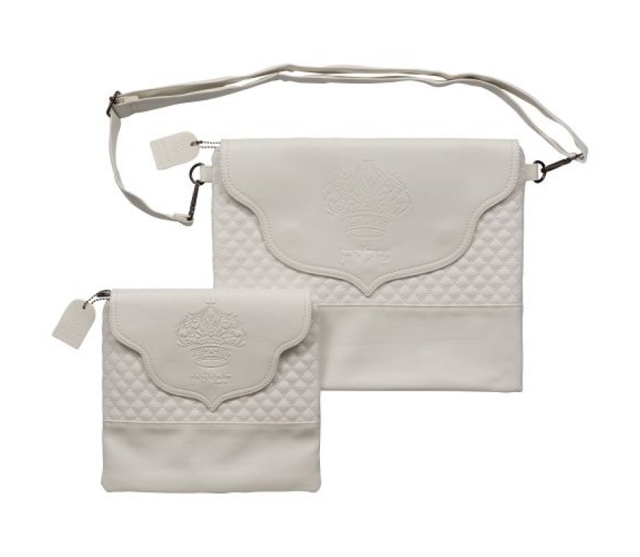 Faux Leather Tallit and Tefillin Bag with Shoulder Strap, Embossed Crown – White