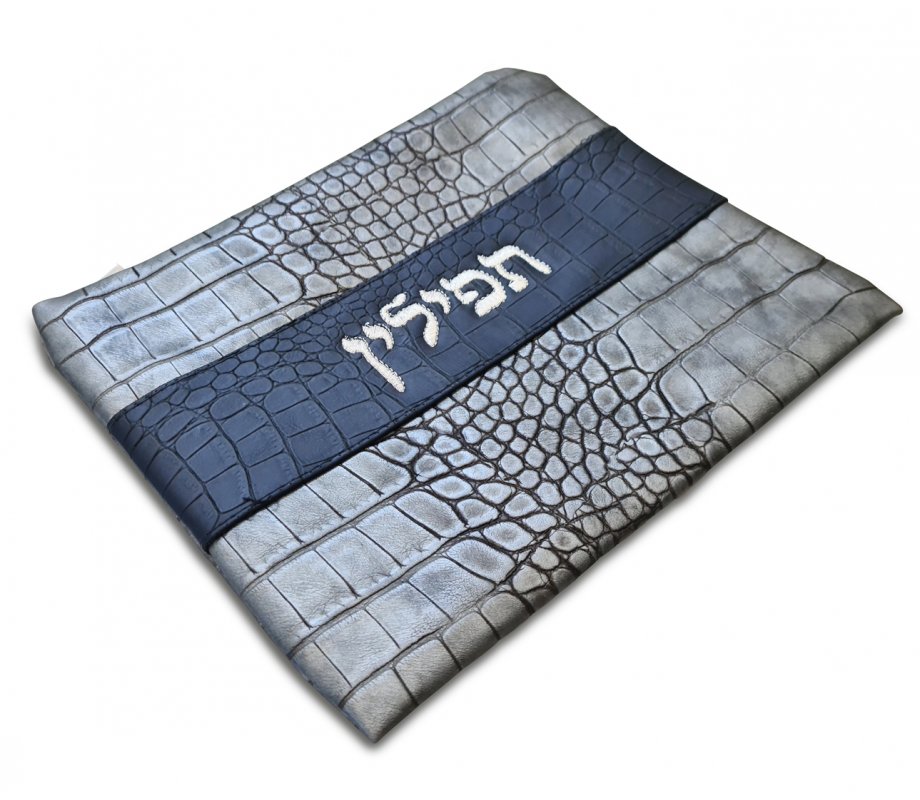 Faux Leather Tallit and Tefillin Bags, Gray Design Silver Embroidery