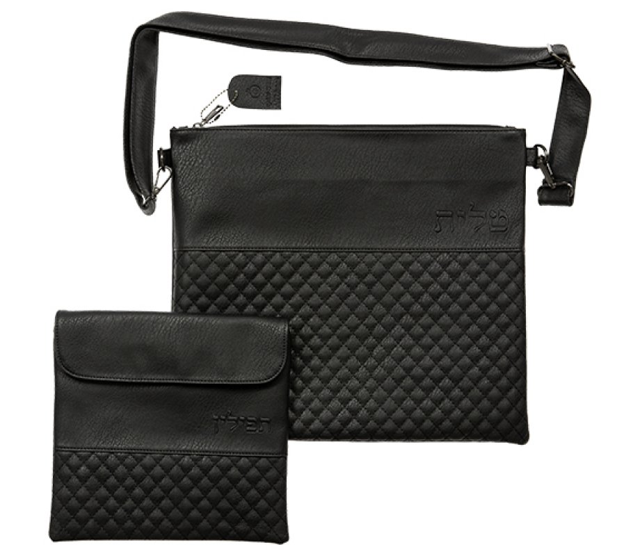 Faux Leather Tallit and Tefillin Bags with Shoulder Straps - Black