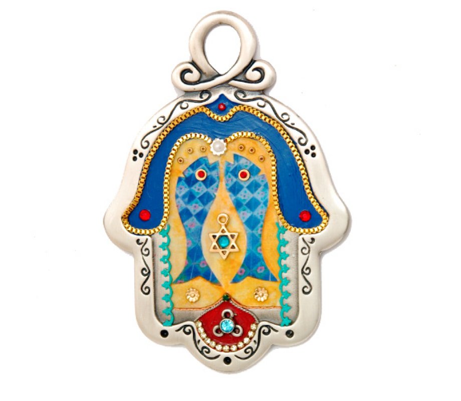 Fish design pewter wall Hamsa by Ester Shahaf