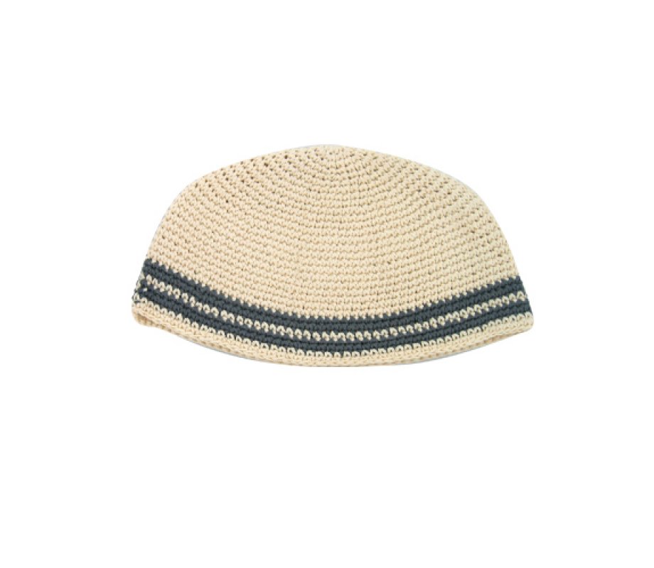 Frik Kippah - Beige with Gray Border Stripes