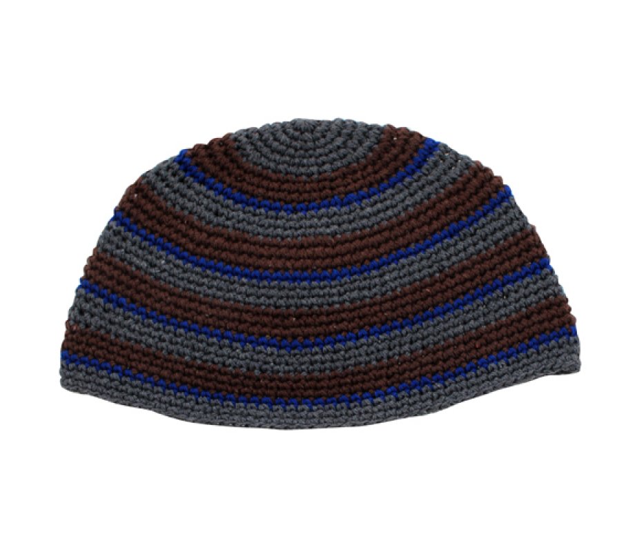 Frik Kippah – Thick Crocheted Weave of Gray, Brown and Royal Blue Stripes