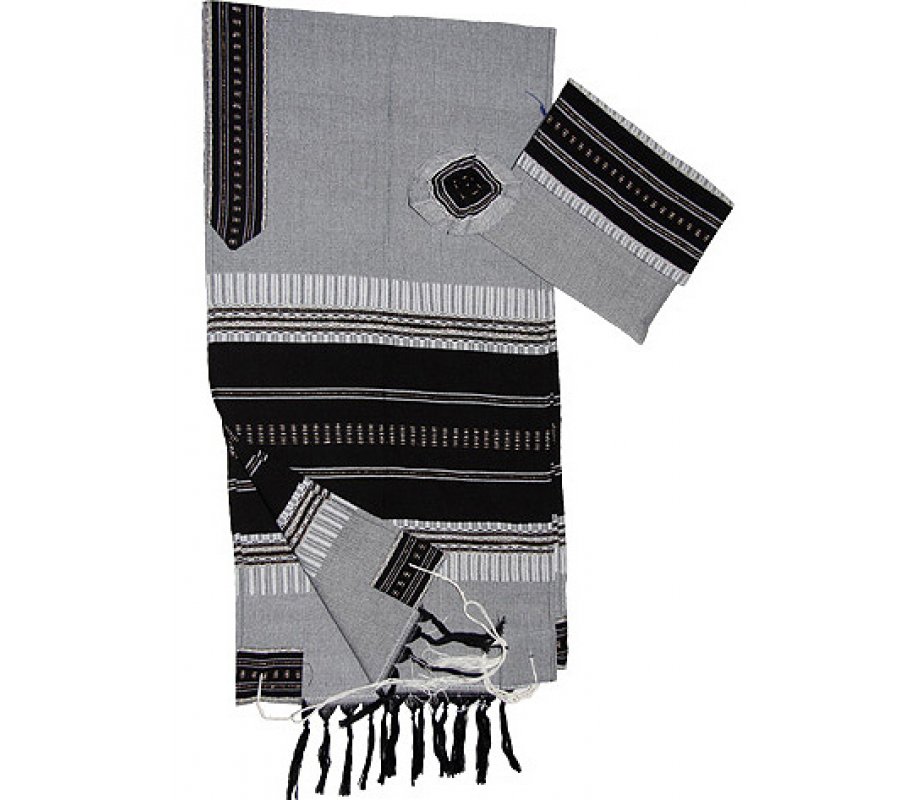 Gabrieli Handwoven Cotton Gray Tallit Set - Black and Silver Stripes