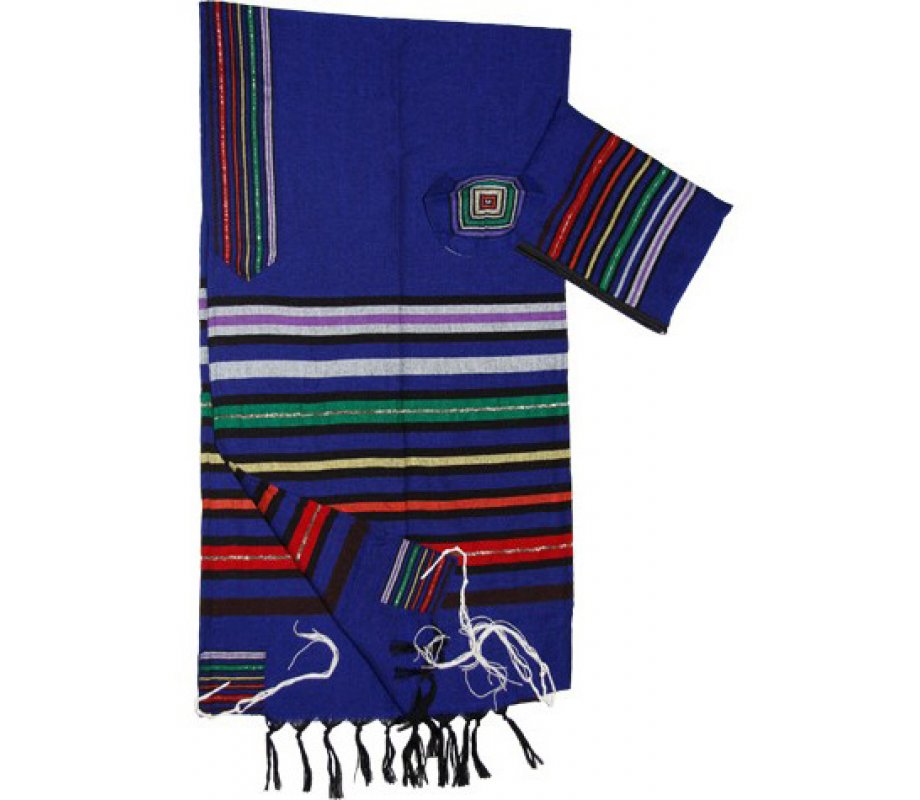 Gabrieli Handwoven Cotton Royal Blue Tallit Set - Josephs Multicolor Stripes