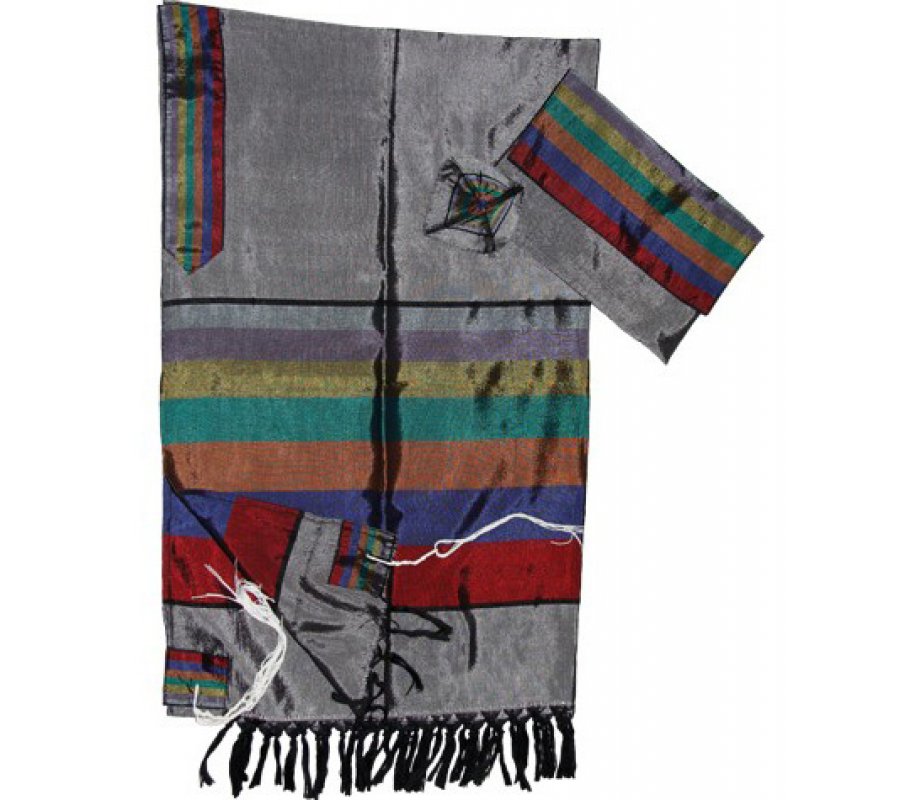 Gabrieli Handwoven Gray Silk Tallit Set - Multicolor Wide Stripes