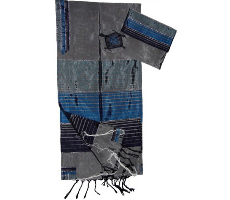 Gabrieli Handwoven Gray Silk Tallit Set - Shades of Blue Stripes