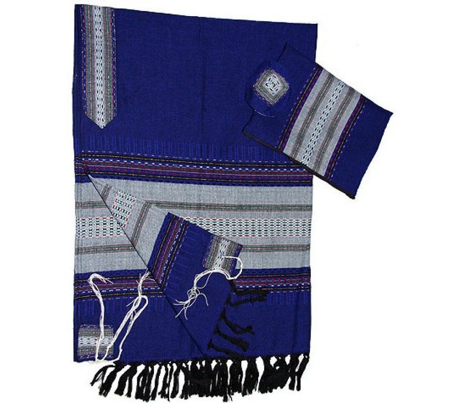 Gabrieli Handwoven Royal Blue Wool Tallit Set - Gray Stripes