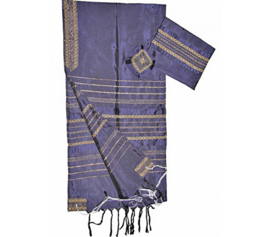Gabrieli Handwoven Violet Silk Tallit Set - Gold Stripes