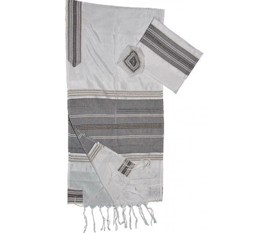 Gabrieli Handwoven White Silk Tallit Set - Black and Gold Stripes
