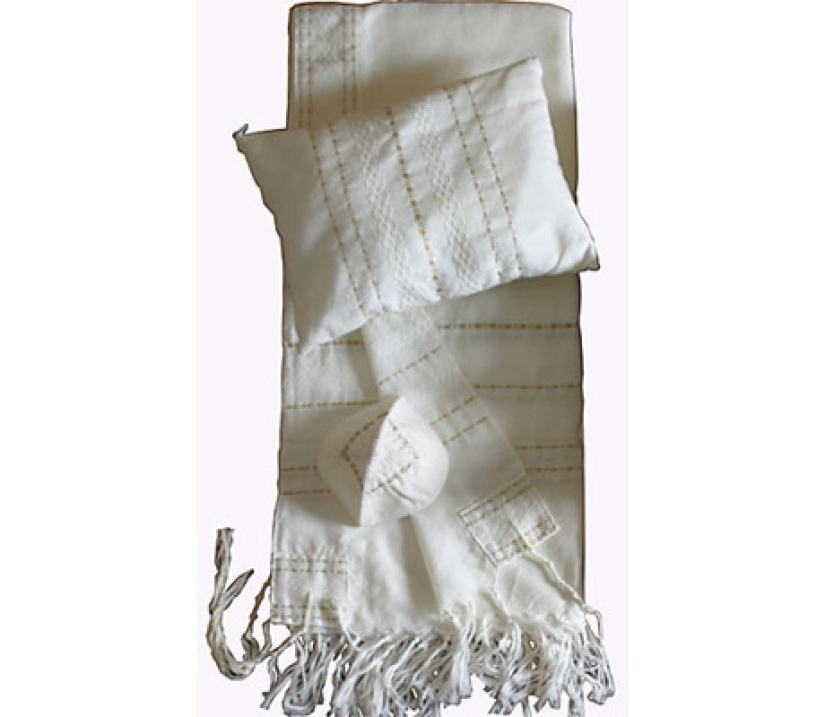 Gabrieli Handwoven White Wool Tallit Set - Gold Stripes