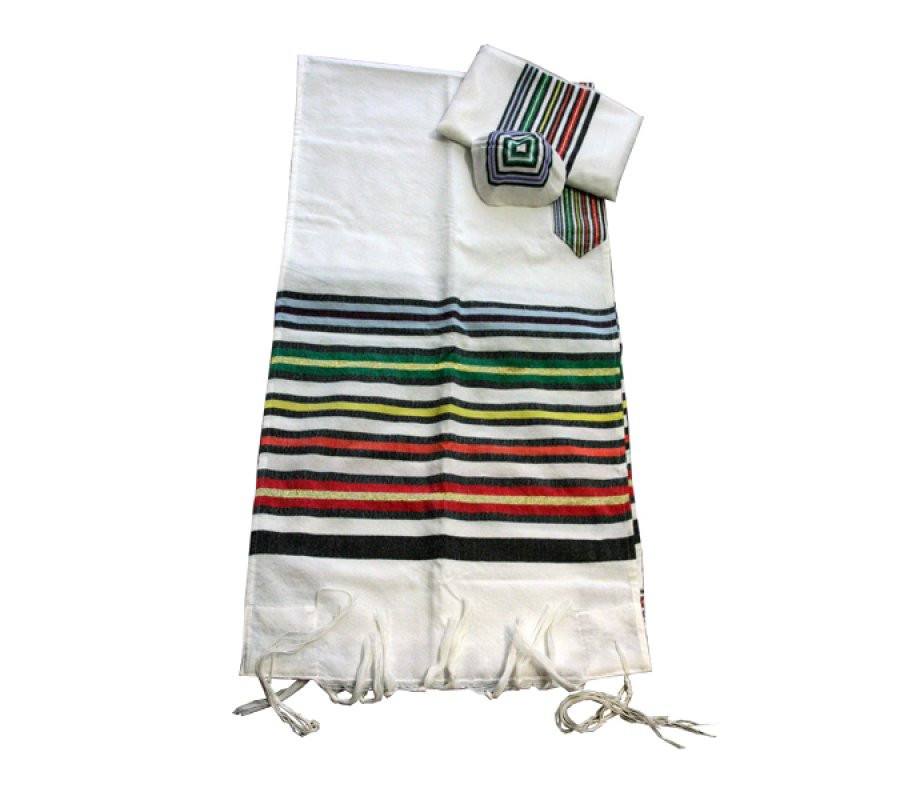 Gabrieli Handwoven White Wool Tallit Set - Josephs Multicolor Coat Design
