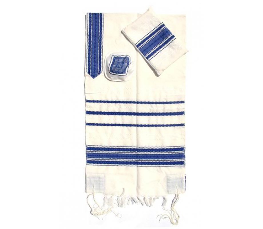 Gabrieli Handwoven White Wool Tallit Set - White with Blue Stripes