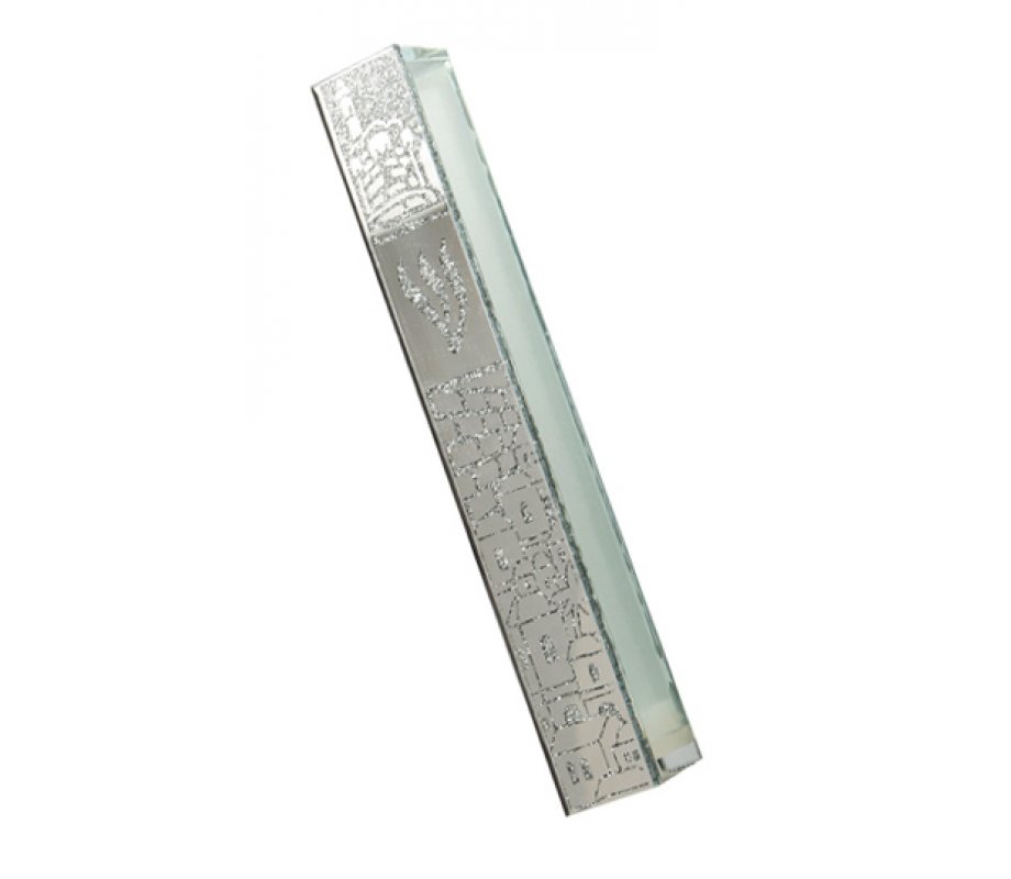 Glass Mezuzah Case - Frosted Silver Gray Jerusalem Images - Elongated Shin