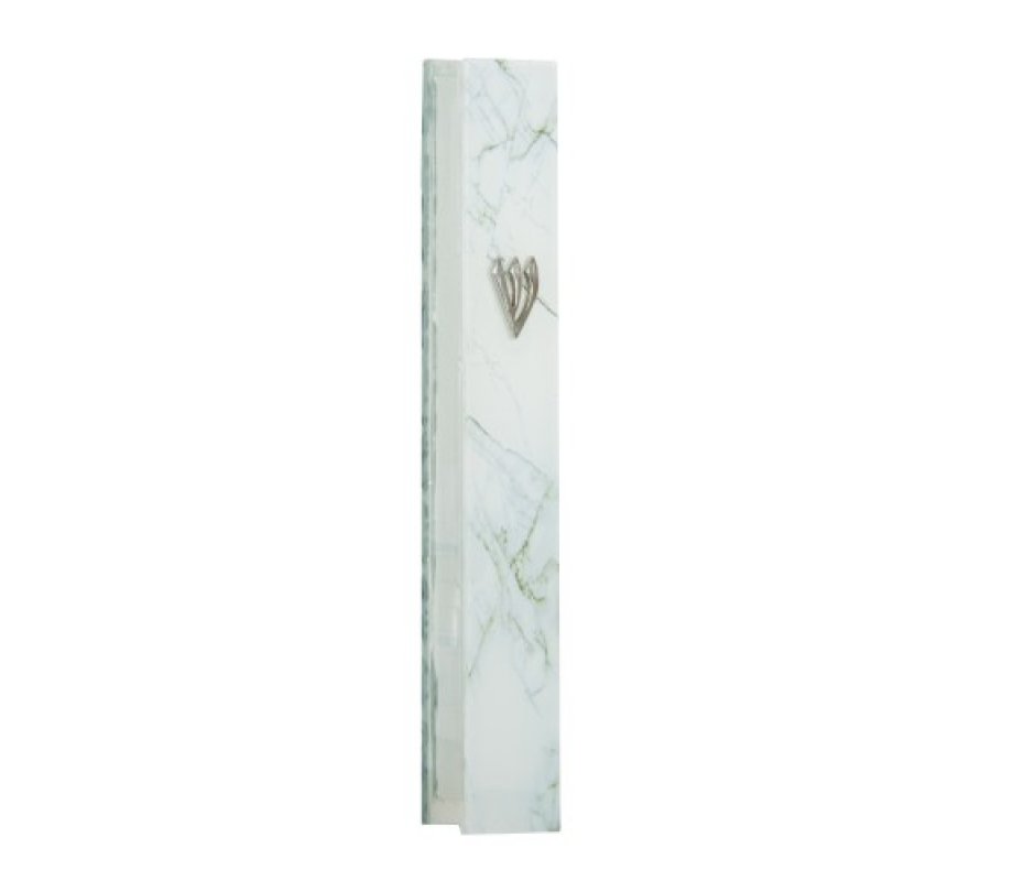 Glass Mezuzah Case with White and Gray Marble Design