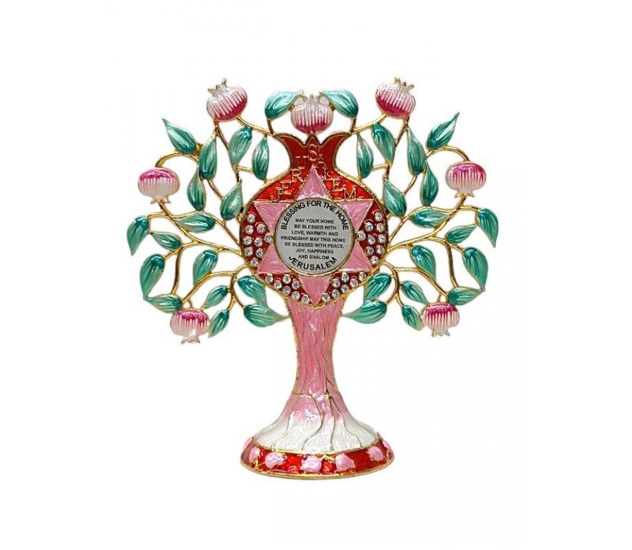 Gleaming Free Standing Enamel Pomegranate Tree, Green and Pink - Home Blessing