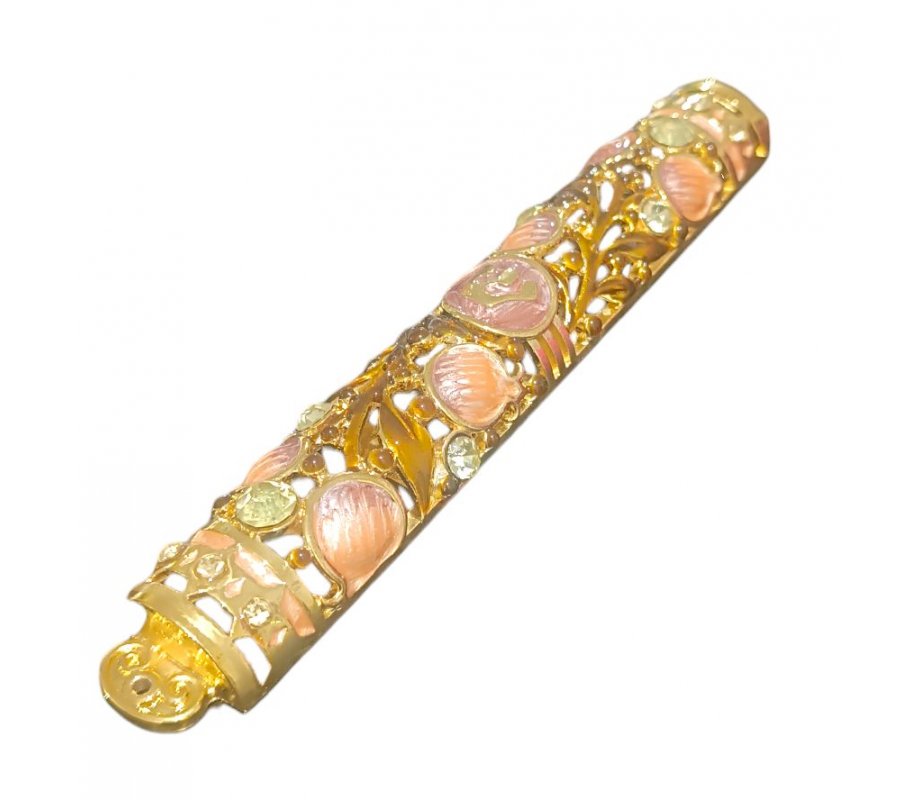Gleaming Gold Enamel Mezuzah Case - Pomegranate and Leaf Design, Choice of Colors