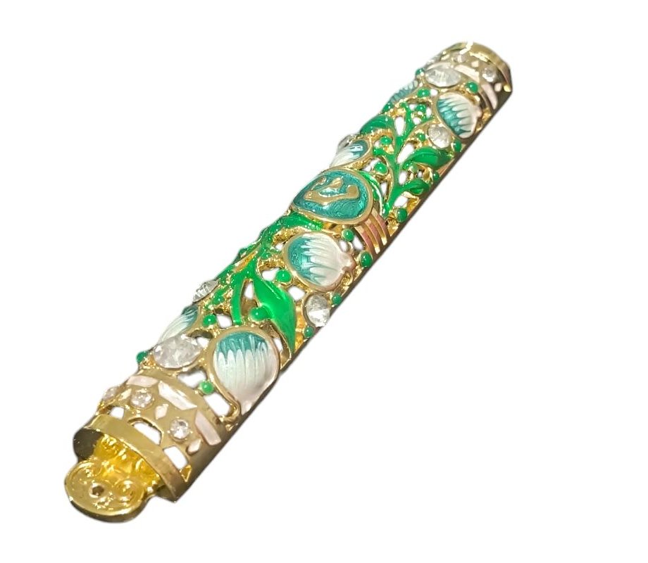 Gleaming Gold Enamel Mezuzah Case - Pomegranate and Leaf Design, Choice of Colors