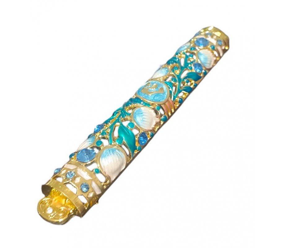 Gleaming Gold Enamel Mezuzah Case - Pomegranate and Leaf Design, Choice of Colors