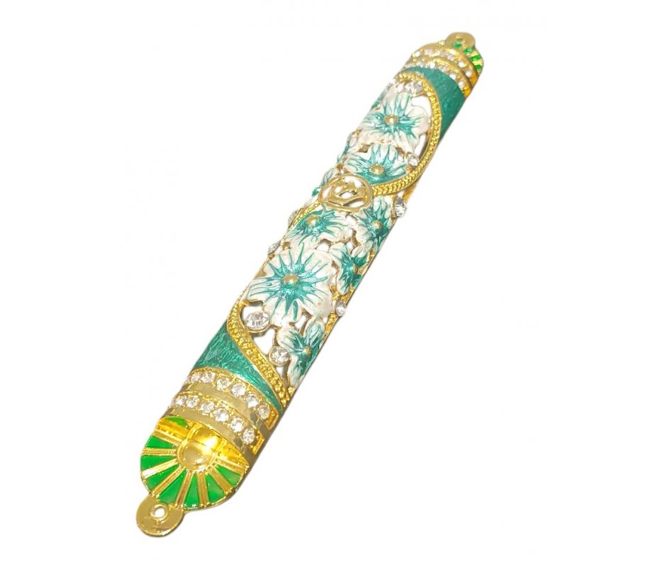 Gleaming Gold Enamel Mezuzah Case with Crystals, Floral Design - Choice of Colors
