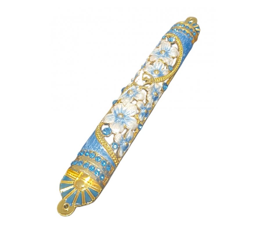 Gleaming Gold Enamel Mezuzah Case with Crystals, Floral Design - Choice of Colors
