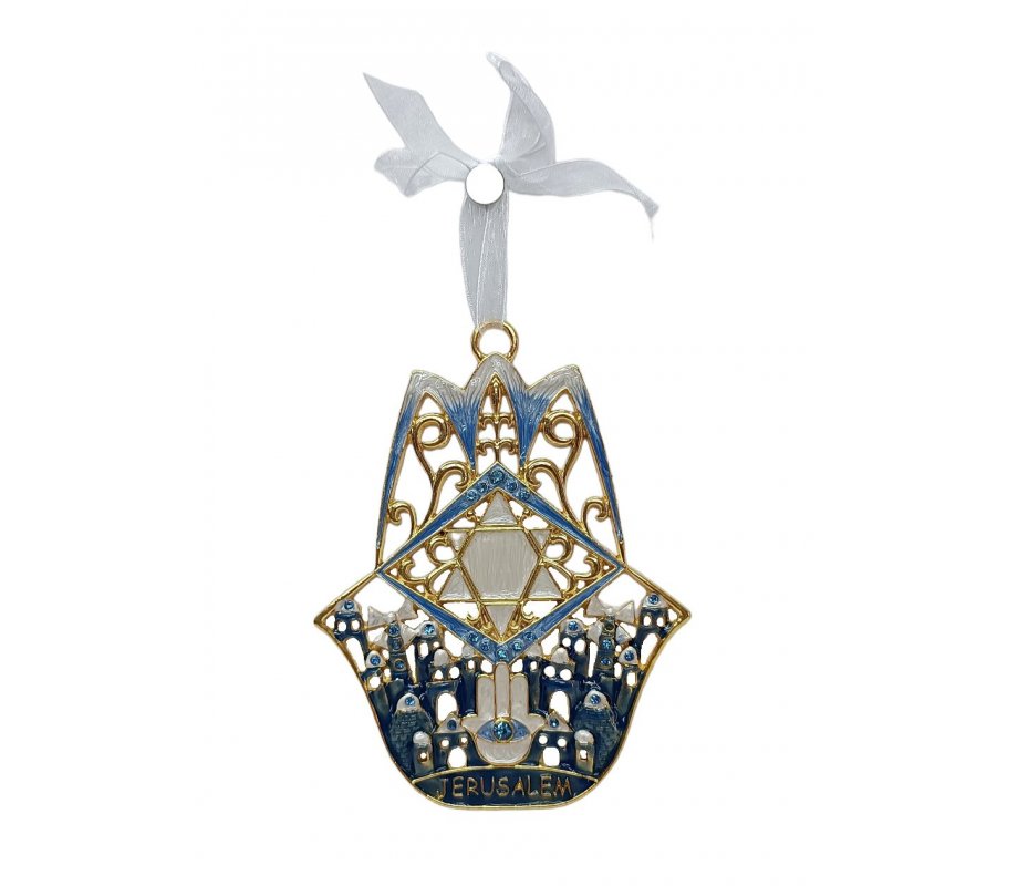 Gleaming Hamsa Wall Hanging, Jerusalem Images & Star of David – Choice of Colors