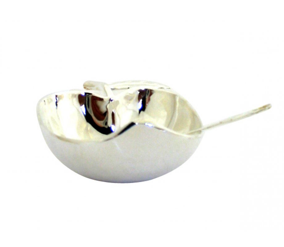 Gleaming Silver Honey Dish, Open Apple Shape - With Spoon