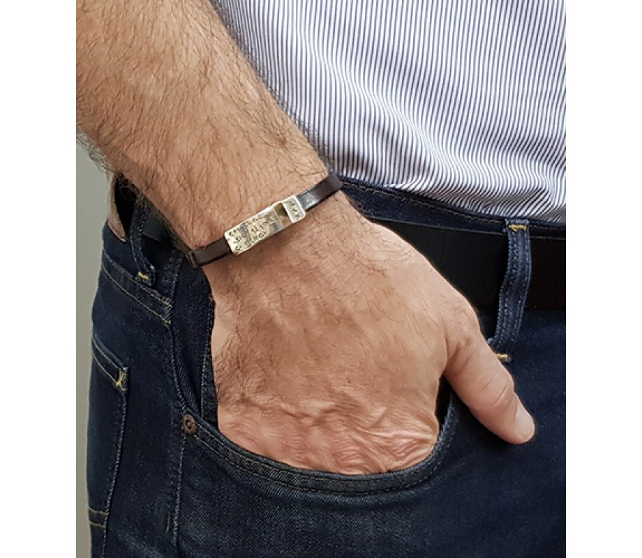 Golan Leather Men Bracelet with Sterling Silver Hebrew Travelers Prayer