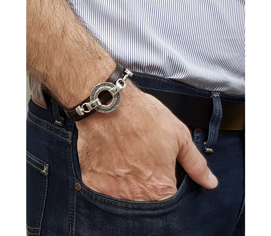Golan Men Triple Wrap Leather Bracelet with Silver Ana Bekoach Aaron Blessing