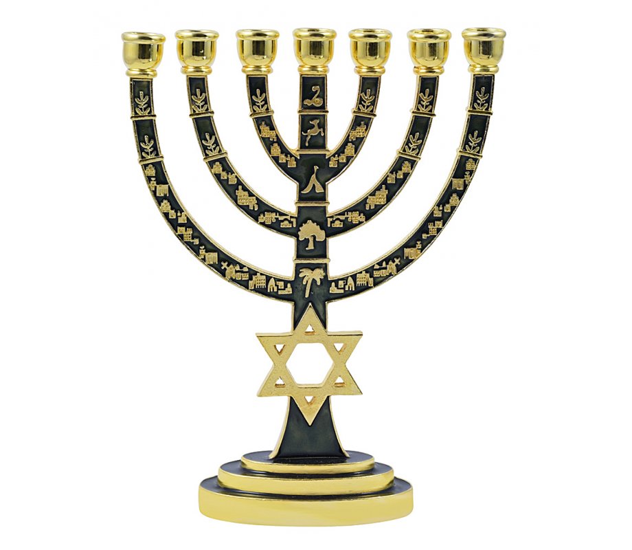Gold 7-Branch Menorah, Green Enamel with Star of David & Judaic Symbols – 9.5”