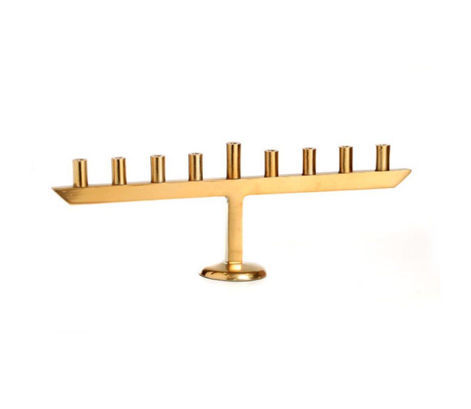Gold Aluminum Chanukah Menorah - Candle Holders in a Row - 7.6