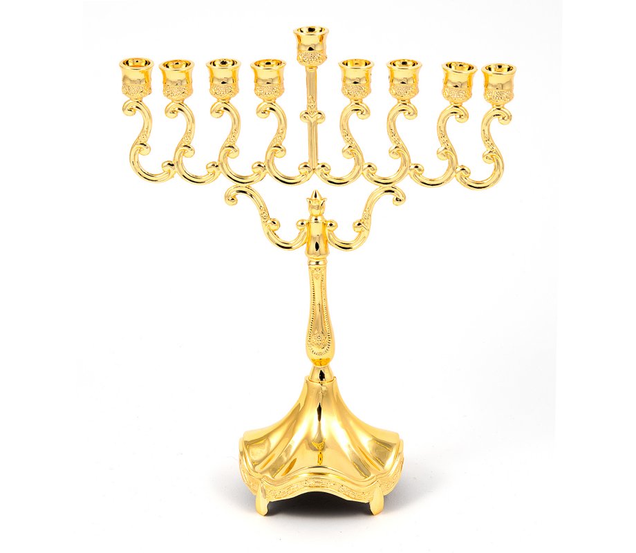 Gold Chanukah Menorah on Stem, Scroll Design - 8 Inches Height