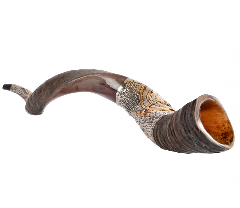 Gold Color Menorah on Sterling Silver Yemenite Shofar