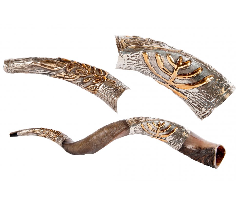 Gold Color Menorah on Sterling Silver Yemenite Shofar