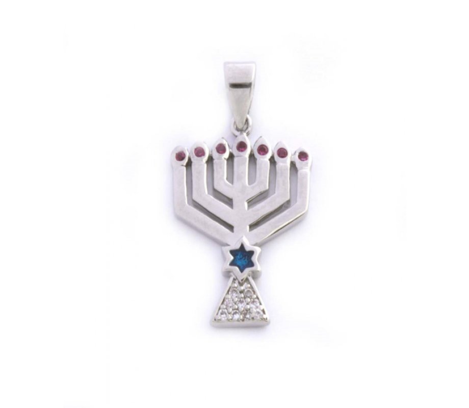 Gold Filled Silver Color Menorah Pendant with Zircons