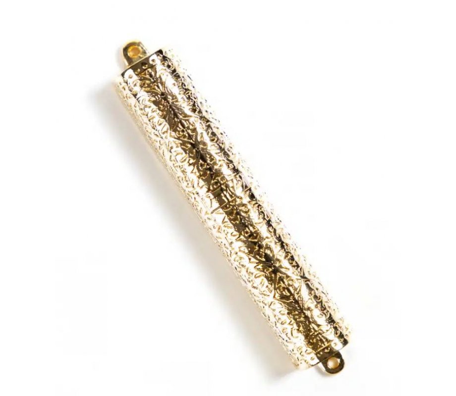 Gold Mezuzah Case, Lace Design Replica of Antique Silver Bible Binding in Israel Museum